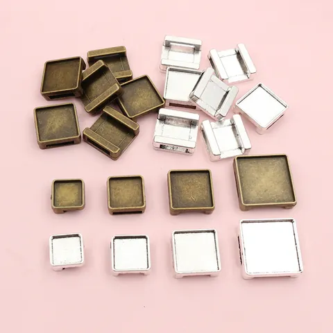 Retro Zinklegering Vierkante Bezel Tray Slider Voor DIY Armband Ketting Sieraden Maken Vinden Antiek Brons Zilver