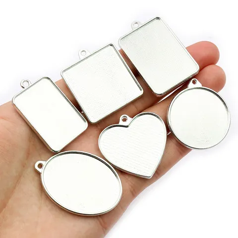 Vintage Zinc Alloy Pendant Tray Bezel Base For DIY Jewelry Making Round Heart Oval Rectangle Metal Setting Cabochon Findings