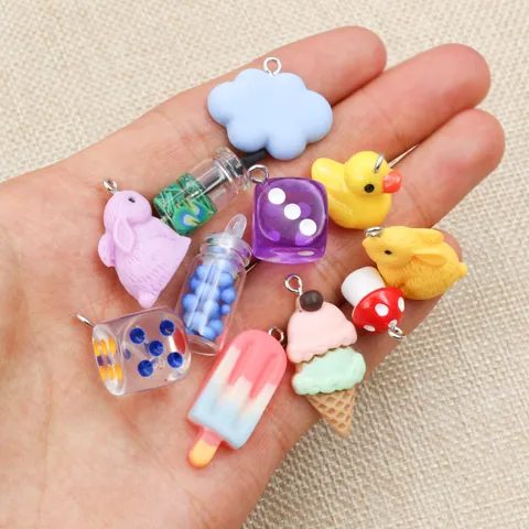 Mixed Resin Cartoon Charms DIY Jewelry Making Accessories Rabbit Mushroom Dice Ice Cream Pendants For Keychain Craft Projects