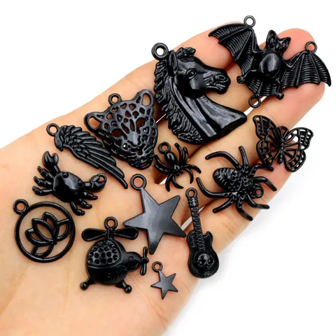 Black Alloy Jewelry Charms Mixed Bat Spider Butterfly Star Horse Wings Skull Guitar Pendants For DIY Jewelry Making