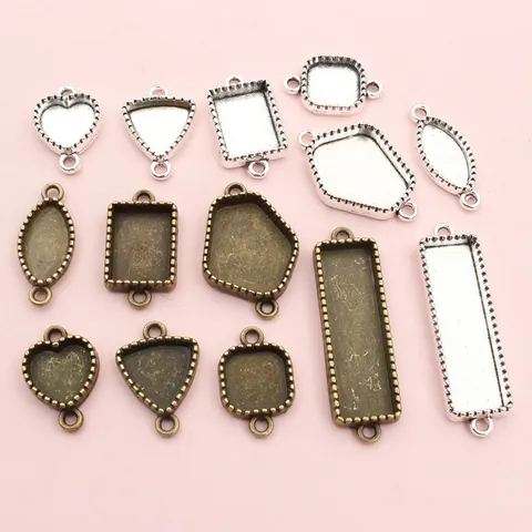 DIY Zinc Alloy Geometric Jewelry Bezel Trays Double Hole Connector Heart Triangle Rectangle Pendant Bases Vintage Jewelry Making Components