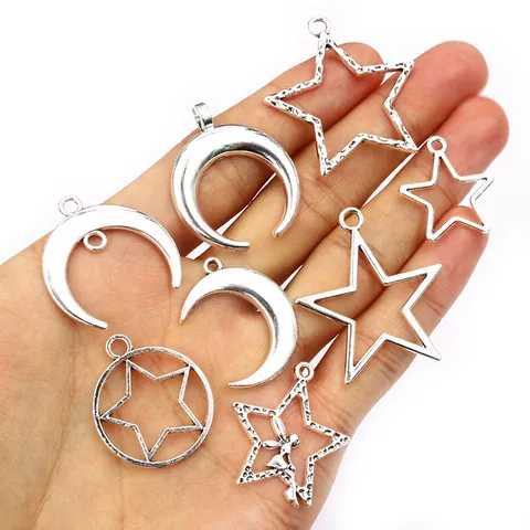 Silver Alloy Star And Moon Charms Pendants For DIY Jewelry Making Hollow Fairy Star Crescent Moon Pendants Craft Accessories