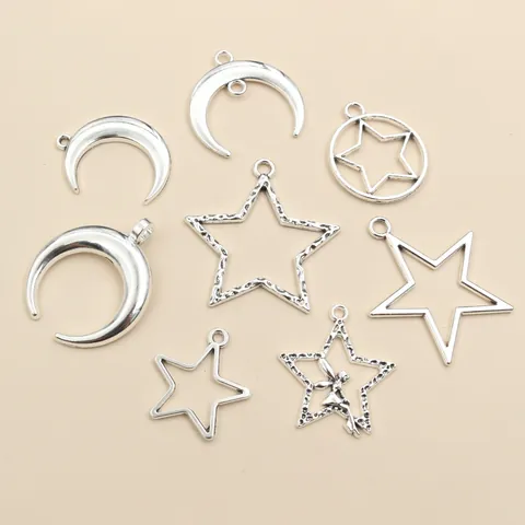 Silver Alloy Star And Moon Charms Pendants For DIY Jewelry Making Hollow Fairy Star Crescent Moon Pendants Craft Accessories