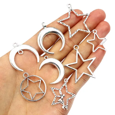 Silver Alloy Star And Moon Charms Pendants For DIY Jewelry Making Hollow Fairy Star Crescent Moon Pendants Craft Accessories