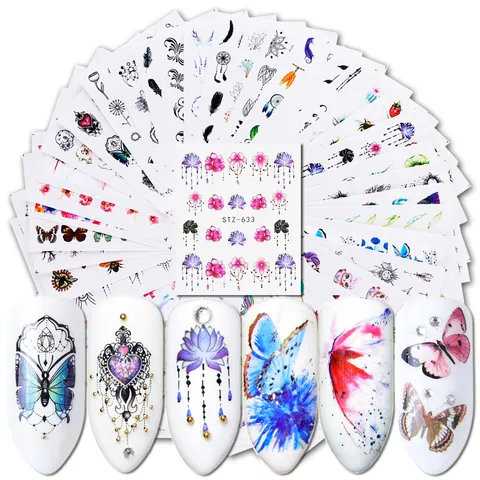 Pegatinas de Transferencia de Agua para Uñas Moda Diseño Flores Mariposa Pluma Calcomanías Manicura DIY para Mujer Salón