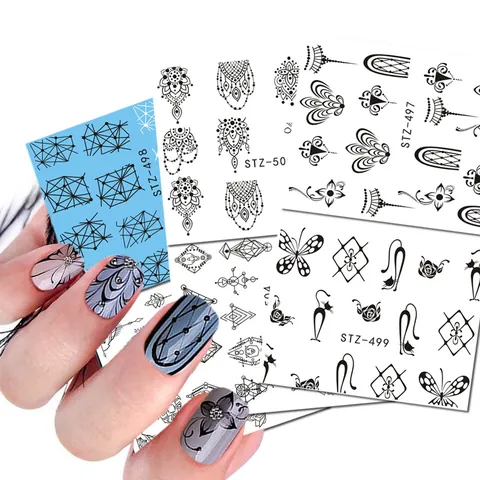 Autocollants pour Ongles à Ligne Noire Minimaliste Mandala Géométrique Dentelle Papillon Chat Design Décalcomanies de Transfert d'Eau pour Décoration d'Ongles Femme