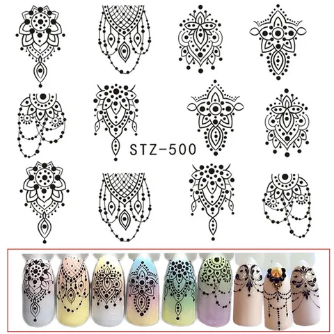 Autocollants pour Ongles à Ligne Noire Minimaliste Mandala Géométrique Dentelle Papillon Chat Design Décalcomanies de Transfert d'Eau pour Décoration d'Ongles Femme