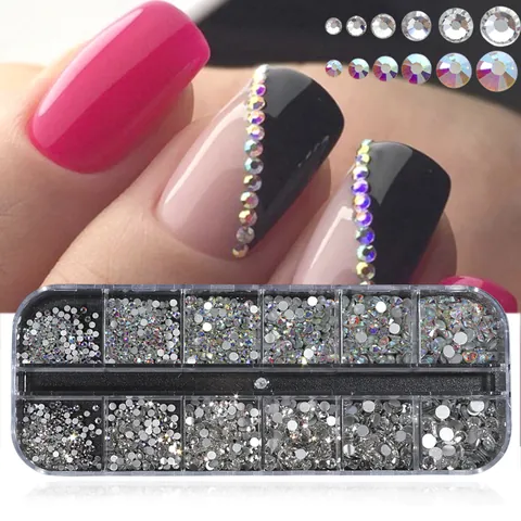 Nagelkunst Strasssteine Multi Größe Flache Rückseite Glaskristalle AB Farbe Klare Weiße Diamanten Für DIY Nägel Handwerk Dekor Zubehör
