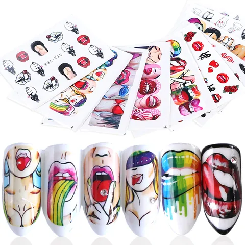 Adesivi per Nail Art Pop Art Labbra Sexy Viso di Donna Design Graffiti Retrò Decalcomanie ad Acqua Accessorio per Manicure Decorazione
