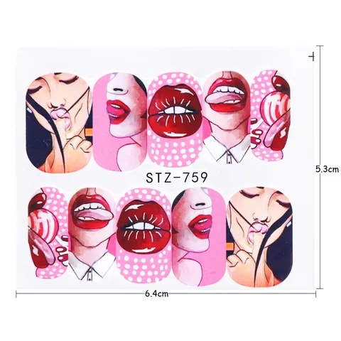 Adesivi per Nail Art Pop Art Labbra Sexy Viso di Donna Design Graffiti Retrò Decalcomanie ad Acqua Accessorio per Manicure Decorazione