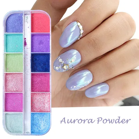Poudre à Ongles Aurora Effet Miroir Sirène Pigment Chrome pour Décoration Nail Art Nacré Scintillant Paillettes Ensemble Douze Couleurs