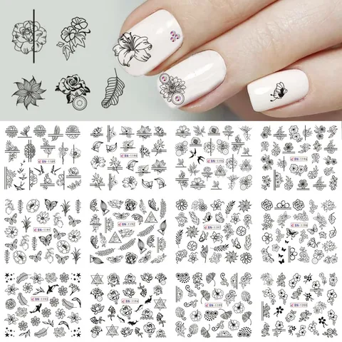 12 Sheets Water Transfer Nail Art Stickers Flower Rose Butterfly Owl Geometric Line Designs DIY Nail Decals Set For Women