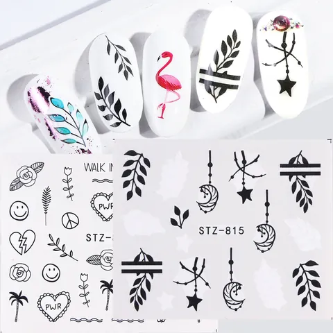 Black Leaf Floral Vine Nail Stickers Star Moon Minimalist Line Art Water Transfer Decals For Women DIY Nail Art Decorations