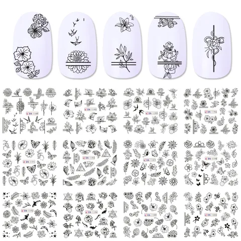 12 Blatt Wassertransfer Nagelkunst Aufkleber Blume Rose Schmetterling Eule Geometrische Linien DIY Nagel Abziehbilder Set