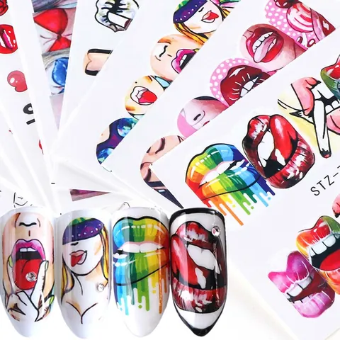 Pop Art Nail Art Stickers Sexy Red Lips Water Transfer Decals For Women DIY Manicure Decoration Trendy Street Style Nail Tattoo