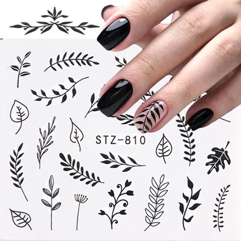 Black Leaf Floral Vine Nail Stickers Star Moon Minimalist Line Art Water Transfer Decals For Women DIY Nail Art Decorations