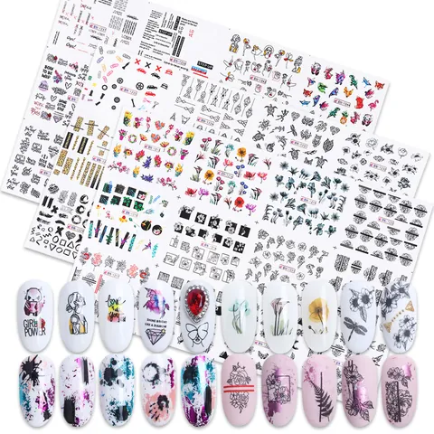 Abstract Black White Line Art Nail Stickers Flower Animal Pattern Water Transfer Decals For Women Artistic Manicure Decor