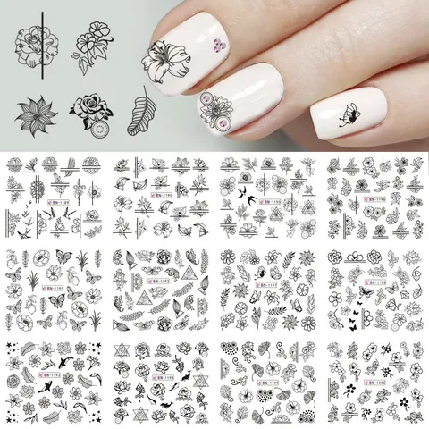 12 Sheets Water Transfer Nail Art Stickers Flower Rose Butterfly Owl Geometric Line Designs DIY Nail Decals Set For Women