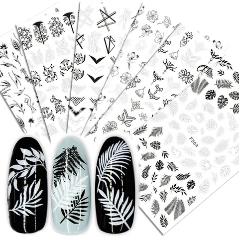 Black White Lace Flower Nail Art Stickers Vintage Botanical Leaf Geometric Decals For Women DIY Manicure Decoration