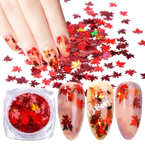 Holografische Ahornblatt Nagelkunst Pailletten Gradient Herbst Design Glitzer Flocken Für DIY Dekoration Maniküre Zubehör Damen