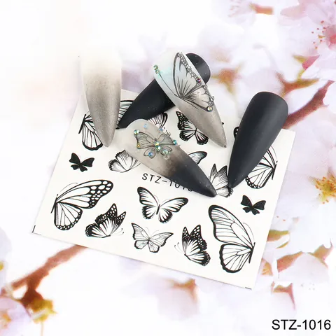 Butterfly Nail Art Stickers Water Transfer Decals Japanese Ins Style Black White Colorful Butterfly Flowers Designs Manicure DIY Decoration
