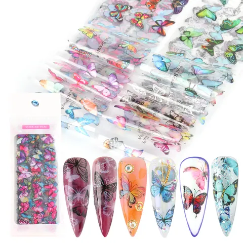 Schmetterling Nagelkunst Transferfolie Aufkleber Bunt Spitze Blumen Design Holografisch Maniküre DIY Dekoration Für Damen Nägel