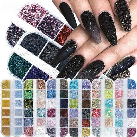 Ensemble de Paillettes Scintillantes pour Ongles Holographiques Effet Sucre Laser Poudre de Sable Boîte à Compartiments Décoration de Manucure DIY Bijoux de Salon pour Femmes