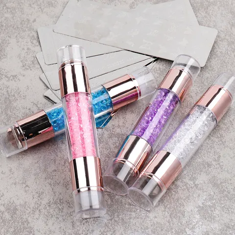 Tampon pour Nail Art à Double Extrémité Avec Grattoirs Tête en Silicone Manche en Cristal Outil de Tamponnage Rose Gold