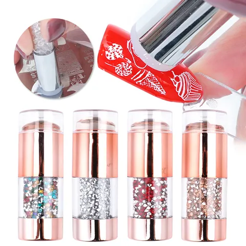 Professionele Dubbelkoppige Nail Art Siliconen Stempel Met Schrapers Roségouden Metalen Handvat Strass Decor Manicure Tool