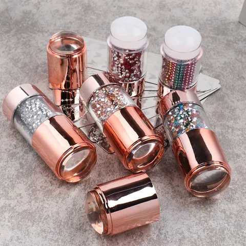 Professional Double Headed Nail Art Silicone Stamper With Scrapers Rose Gold Metal Handle Rhinestone Decor Manicure Tool