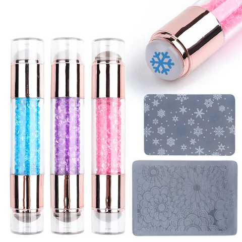 Tampon pour Nail Art à Double Extrémité Avec Grattoirs Tête en Silicone Manche en Cristal Outil de Tamponnage Rose Gold