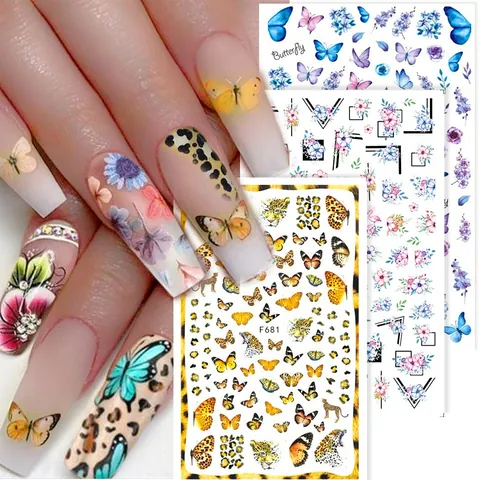 Rétro Fleur Papillon Imprimé Léopard Autocollants Ongles 3D Auto-adhésifs Décalcomanies Pour DIY Décoration Femme Accessoires Manucure Beauté