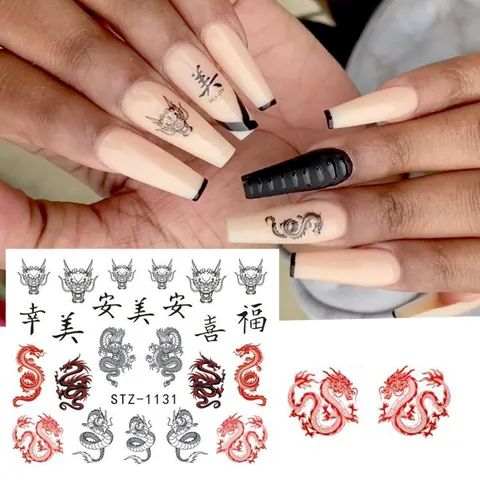 Chinese Style Dragon Nail Art Stickers Chinese Characters Fire Patterns Panda Water Transfer Decals Manicure DIY Decoration