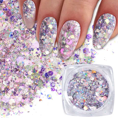Holografische Zeshoek Nagelkunst Pailletten Onregelmatige Laser Glitter Vlokken Gemengde Grootte Voor DIY Manicure Decoratie