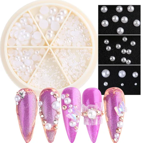 White Nail Art Artificial Pearl Decoration Flatback And Round Imitation Artificial Pearls With Six Grids Storage Organizer For Manicure DIY Crafts
