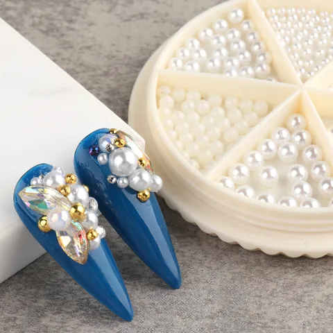 White Nail Art Artificial Pearl Decoration Flatback And Round Imitation Artificial Pearls With Six Grids Storage Organizer For Manicure DIY Crafts