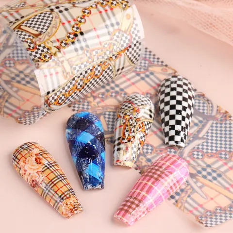 10 Feuilles Autocollants de Nail Art Plaid Grille Ciel Étoilé Papier de Transfert Damier Géométrique Manucure DIY Décoration Femme