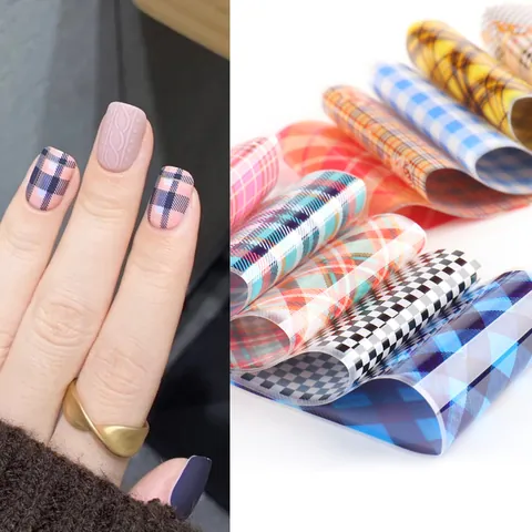 10 Feuilles Autocollants de Nail Art Plaid Grille Ciel Étoilé Papier de Transfert Damier Géométrique Manucure DIY Décoration Femme