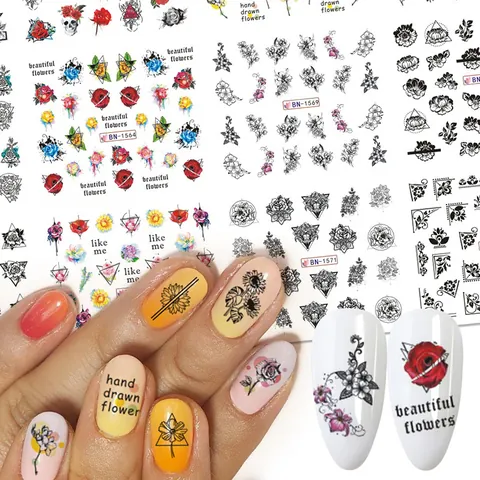 12 Blätter Wassertransfer Nagelaufkleber Blumen Schmetterling Geometrische Linienkunst Decals Für Damen DIY Maniküre Dekoration