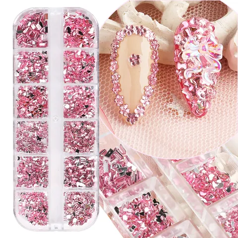 12 Gitter Herz Stern Mischform Nagelkunst Strasssteine Kristall Glas Harz Steine Set Für DIY Maniküre Dekoration Damen Schmuck