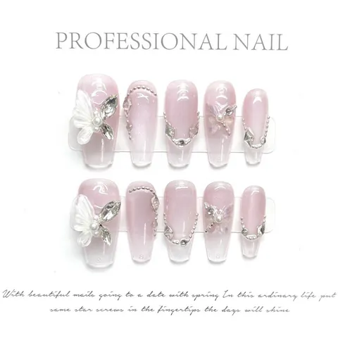 Handgefertigte Luxuriöse Pink Lila Farbverlauf Katzenaugen Press On Nails Mit 3D Schmetterling Strass Künstliche Perle Sarg Künstliche Nägel