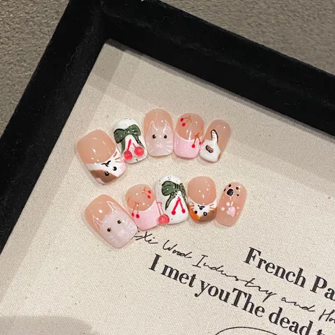 Unghie Finte Fatte a Mano Motivo Gatto Ciliegia Quadrato Corto Rosa Bianco Stile Francese Dolce Decorazioni Unghie Donna