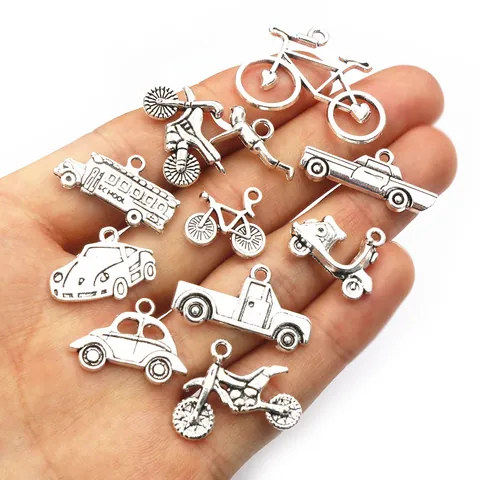 Vintage Antique Silver Zinc Alloy Vehicle Charms Pendants For DIY Jewelry Making Motorcycle Car Bicycle Truck Accessories