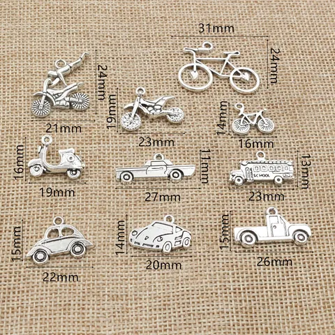 Vintage Antique Silver Zinc Alloy Vehicle Charms Pendants For DIY Jewelry Making Motorcycle Car Bicycle Truck Accessories