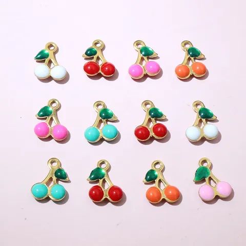 Stainless Steel Cherry Pendant For DIY Jewelry Making Gold Plated Enamel Fruit Charm For Necklace Bracelet Earrings Accessories