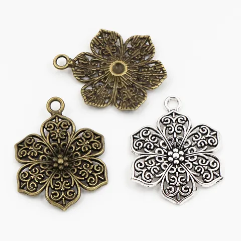Vintage Zinc Alloy Hollow Flower Pendants For DIY Jewelry Making Antique Silver Bronze Floral Charms Necklace Accessories
