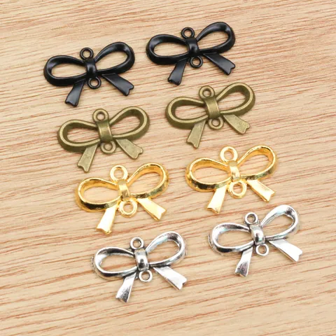 Vintage Alloy Bow Shape Pendants Jewelry Connectors With Double Rings For DIY Necklace Bracelet Making Antique Bronze Gold Silver Black Charms