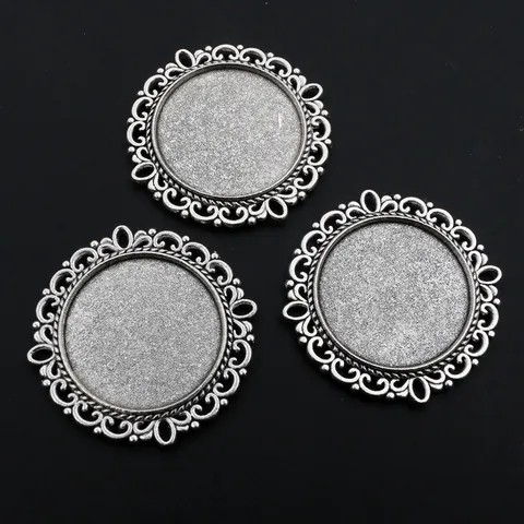 Antique Round Filigree Zinc Alloy Pendant Bezel Tray For DIY Time Gem Jewelry Making Double Sided Necklace Base