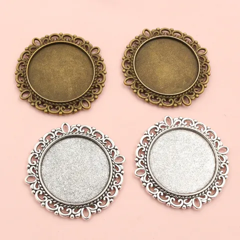 Antique Round Filigree Zinc Alloy Pendant Bezel Tray For DIY Time Gem Jewelry Making Double Sided Necklace Base