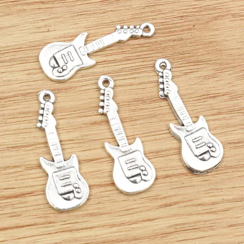 Antique Silver Zinc Alloy Guitar Pendant For DIY Jewelry Making Musical Instrument Charm For Necklace Bracelet Accessories